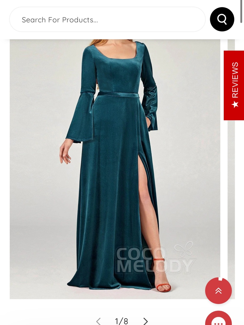 Emerald Velvet Long-Sleeve Square-Neck Wedding Dress with High Slit